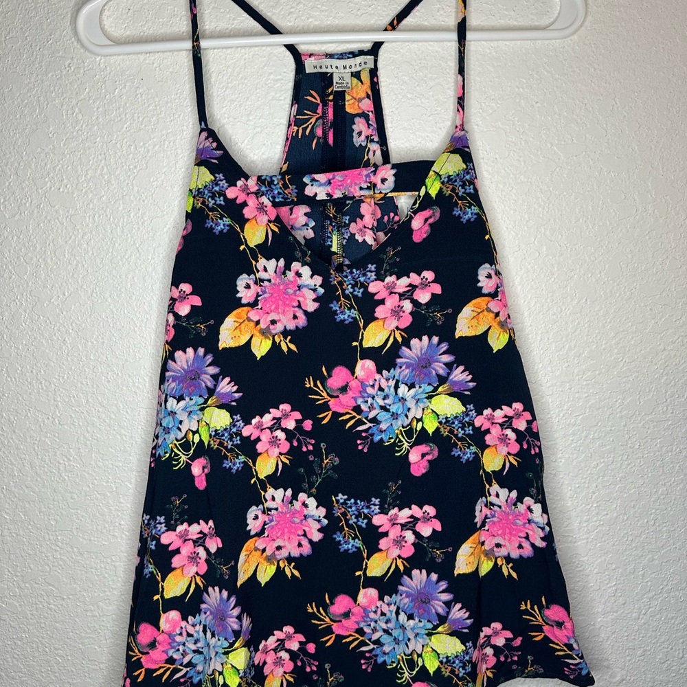 Neon Floral Tank Top - Black with Pink and Blue Flowers